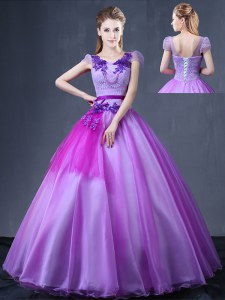 Floor Length Lavender Quinceanera Gown Organza Short Sleeves Lace and Appliques