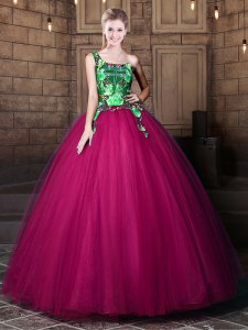One Shoulder Floor Length Lace Up 15th Birthday Dress Fuchsia for Military Ball and Sweet 16 and Quinceanera with Pattern