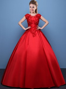 Scoop Red Lace Up Quinceanera Dresses Appliques Cap Sleeves Floor Length