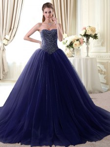 Cheap Navy Blue Lace Up Quinceanera Dresses Beading Sleeveless Floor Length