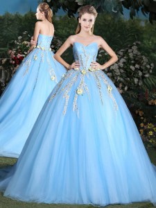 Light Blue 15 Quinceanera Dress Sweetheart Sleeveless Brush Train Lace Up