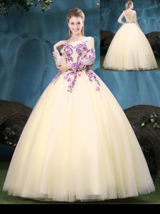 Pretty Scoop Long Sleeves Floor Length Appliques Lace Up Sweet 16 Quinceanera Dress with Light Yellow