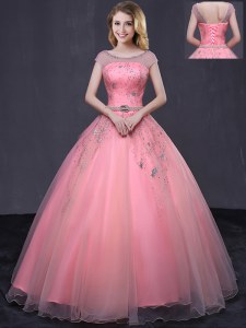 Chic Scoop Cap Sleeves Lace Up Ball Gown Prom Dress Watermelon Red Tulle