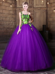 Stunning One Shoulder Sleeveless Floor Length Pattern Lace Up Quince Ball Gowns with Eggplant Purple