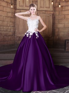 Exceptional With Train Dark Purple Sweet 16 Quinceanera Dress Scoop Sleeveless Court Train Lace Up