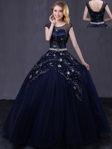Navy Blue Lace Up Scoop Beading and Belt 15th Birthday Dress Tulle Cap Sleeves