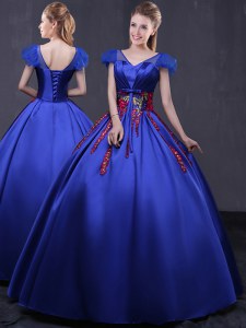 Royal Blue Lace Up V-neck Appliques Quinceanera Dresses Satin Cap Sleeves