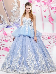 Delicate Lavender Ball Gowns Organza and Tulle Scoop Sleeveless Lace and Appliques Floor Length Lace Up Quinceanera Gown