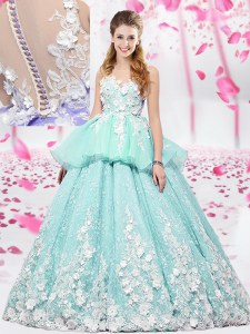 Perfect Scoop Apple Green Sleeveless Lace and Appliques Floor Length Sweet 16 Dresses