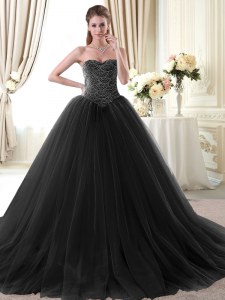 Floor Length Black 15 Quinceanera Dress Tulle Sleeveless Beading