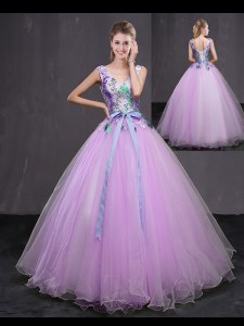 Ideal V-neck Sleeveless Lace Up 15th Birthday Dress Lilac Tulle