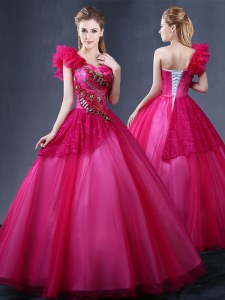 New Style One Shoulder Sleeveless Lace Up Vestidos de Quinceanera Fuchsia Tulle