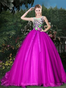 Scoop Sleeveless Quince Ball Gowns Brush Train Appliques and Belt Fuchsia Organza