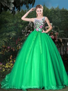Chic Green Organza Zipper Scoop Sleeveless Quinceanera Gown Brush Train Appliques and Belt