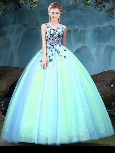 High Class Multi-color Tulle Lace Up V-neck Sleeveless Floor Length Ball Gown Prom Dress Appliques