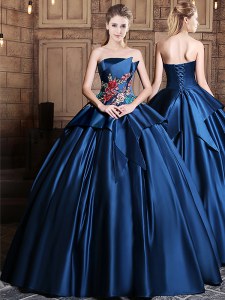 Amazing Navy Blue Ball Gowns Strapless Sleeveless Satin Floor Length Lace Up Appliques 15 Quinceanera Dress