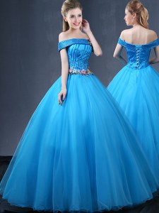 Hot Selling Off the Shoulder Baby Blue Tulle Lace Up Sweet 16 Quinceanera Dress Sleeveless Floor Length Beading and Appliques