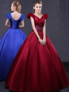Satin Cap Sleeves Floor Length Ball Gown Prom Dress and Appliques