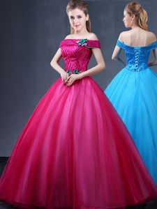 Fashionable Off the Shoulder Tulle Sleeveless Floor Length Quinceanera Gown and Beading and Appliques