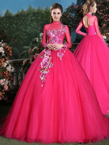 Cute Brush Train Ball Gowns Sweet 16 Dresses Coral Red High-neck Tulle Long Sleeves With Train Lace Up