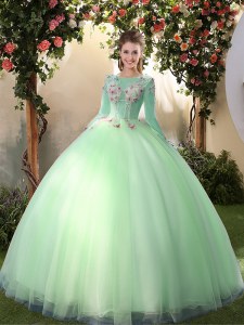 Fashion Scoop Apple Green Long Sleeves Floor Length Appliques Lace Up 15th Birthday Dress