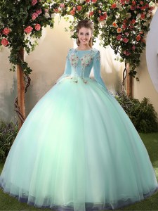 Apple Green Lace Up Scoop Appliques Quince Ball Gowns Tulle Long Sleeves