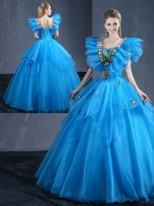 Dynamic Sleeveless Floor Length Appliques and Ruffles Lace Up Ball Gown Prom Dress with Baby Blue