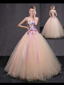 Vintage Peach Sleeveless Tulle Lace Up Sweet 16 Dresses for Military Ball and Sweet 16 and Quinceanera
