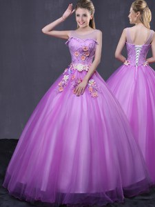 Perfect Scoop Lilac Sleeveless Beading and Appliques Floor Length Quinceanera Gowns
