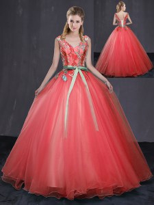 Deluxe Coral Red Ball Gowns V-neck Sleeveless Tulle Floor Length Lace Up Appliques and Belt Quinceanera Gowns