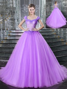 Luxurious Straps Sleeveless Brush Train Lace Up Quinceanera Dress Lilac Tulle