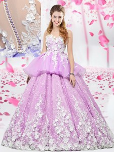 High Quality Lilac Ball Gowns Scoop Sleeveless Organza and Tulle Floor Length Lace Up Lace and Appliques Quinceanera Dresses