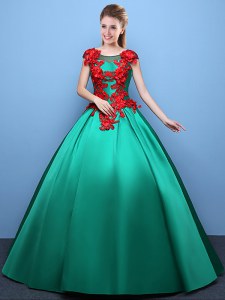Inexpensive Green Ball Gowns Scoop Cap Sleeves Satin Floor Length Lace Up Appliques Vestidos de Quinceanera
