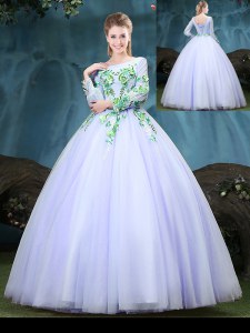 Scoop Tulle Long Sleeves Floor Length Quinceanera Dress and Appliques