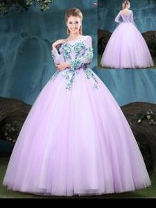 Tulle Scoop Long Sleeves Lace Up Appliques Quinceanera Dress in Lilac