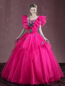 Dazzling Appliques and Ruffles Quince Ball Gowns Hot Pink Lace Up Sleeveless Floor Length