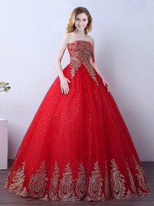 Traditional Sequins Red Sleeveless Tulle Lace Up Quinceanera Dresses for Military Ball and Sweet 16 and Quinceanera