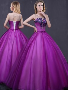 Beauteous Scoop Purple Sleeveless Floor Length Beading and Appliques Lace Up Sweet 16 Quinceanera Dress