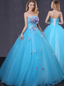 Baby Blue Lace Up Quinceanera Dress Appliques Sleeveless Floor Length