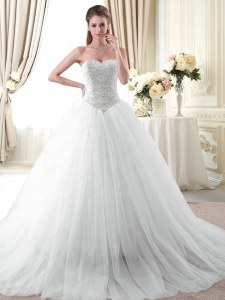 Adorable White Sweetheart Lace Up Beading Quinceanera Dress Brush Train Sleeveless