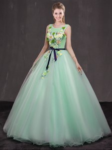 Apple Green Scoop Neckline Appliques Sweet 16 Dress Sleeveless Lace Up