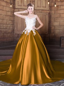 Traditional Scoop Gold Elastic Woven Satin Lace Up Sweet 16 Dresses Sleeveless Floor Length Court Train Lace and Appliques