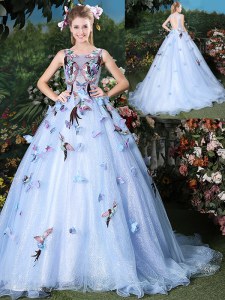 Ideal Scoop Light Blue Sleeveless Brush Train Appliques Floor Length Quinceanera Gown