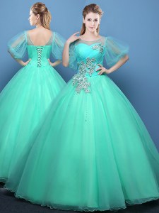 High Quality Scoop Turquoise Lace Up Quinceanera Gown Appliques Half Sleeves Floor Length