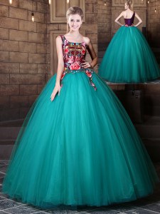 Wonderful Teal Ball Gowns One Shoulder Sleeveless Tulle Floor Length Lace Up Pattern Quinceanera Dresses
