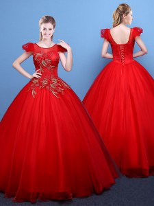Scoop Red Ball Gowns Appliques Sweet 16 Dresses Lace Up Tulle Short Sleeves Floor Length