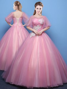 Beautiful Scoop Floor Length Ball Gowns Half Sleeves Pink Quince Ball Gowns Lace Up