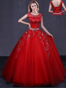 Scoop Cap Sleeves Beading and Belt Lace Up Quince Ball Gowns