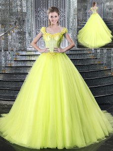 Noble Straps Sleeveless Brush Train Lace Up Sweet 16 Quinceanera Dress Yellow Tulle