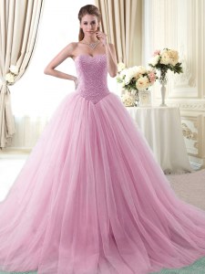 With Train Ball Gowns Sleeveless Rose Pink 15th Birthday Dress Brush Train Lace Up
